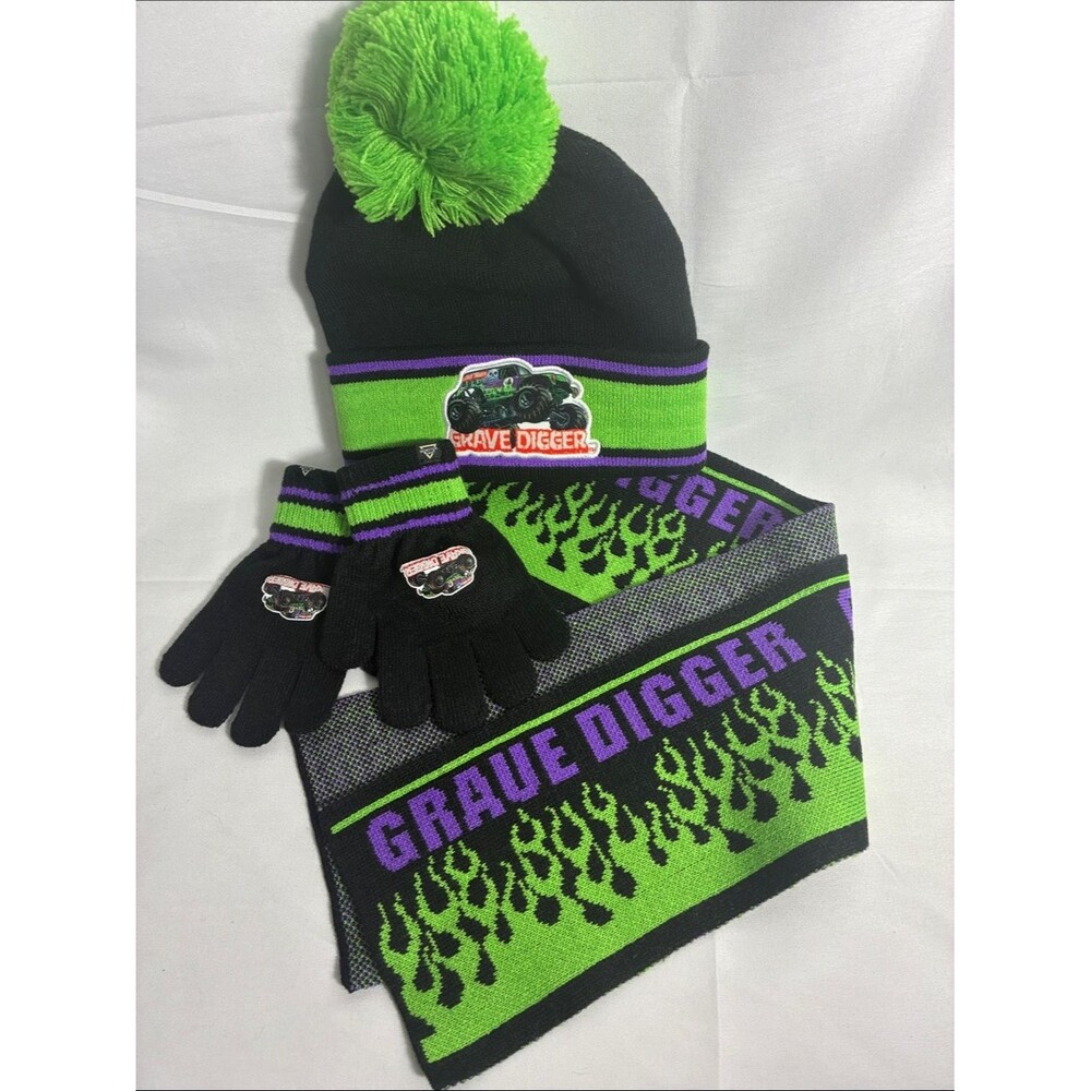 Grave Digger Kids Matching Beanie, Scarf & Gloves Set - Black/Green/Purple